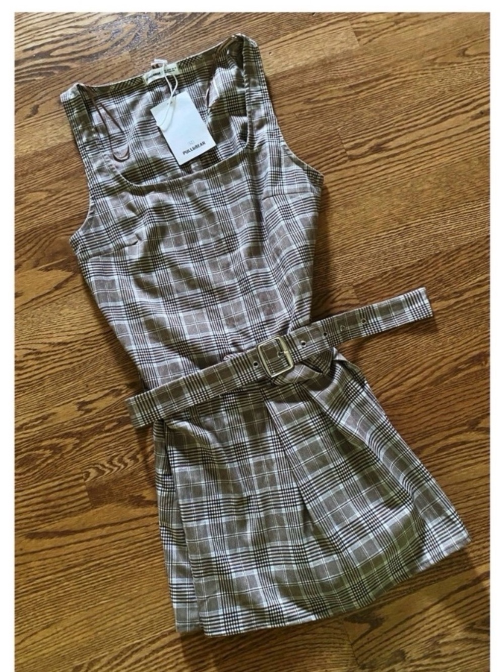 PULL&BEAR Plaid Pleated Belted Mini Dress Size Medium New! - Picture 4 of 6